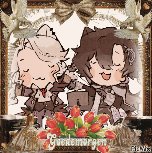 a picture of a man and a woman with a bouquet of flowers and the words goedemorgen
