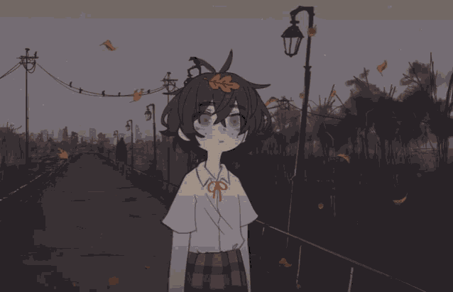 a drawing of a girl with a flower in her hair standing on a bridge