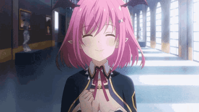 a girl with pink hair and bat wings is smiling in a hallway