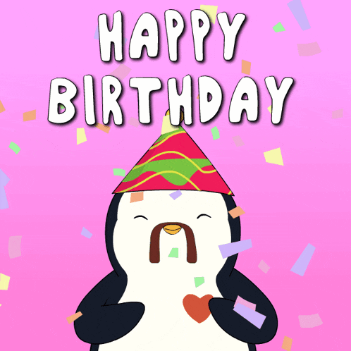 a happy birthday card with a penguin wearing a party hat and confetti