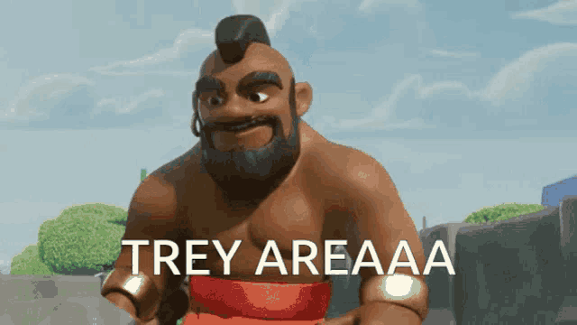 a cartoon character says trey areaaa in front of a blue sky