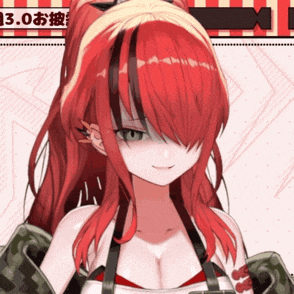 a close up of a red haired anime girl with a striped background