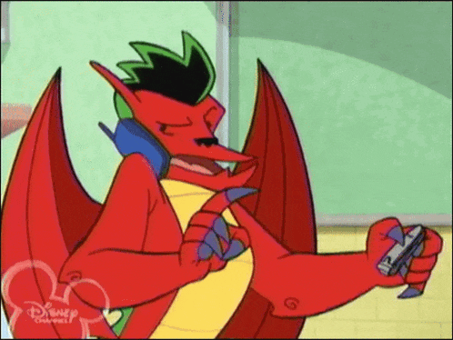 a cartoon of a dragon talking on a cell phone .