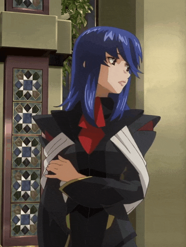 a blue haired anime character with the letter w on her face