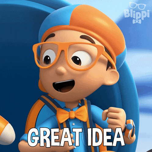 a cartoon character with glasses and a bow tie says great idea