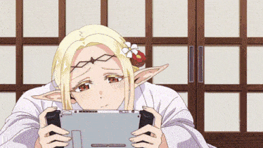 a girl with a flower in her hair is playing a game
