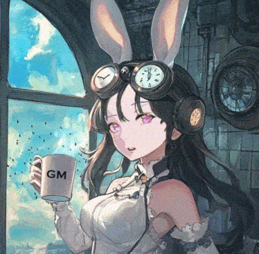 a girl with bunny ears is holding a cup with the letter gm on it