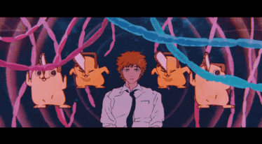 a man in a white shirt and tie is surrounded by a bunch of cartoon characters
