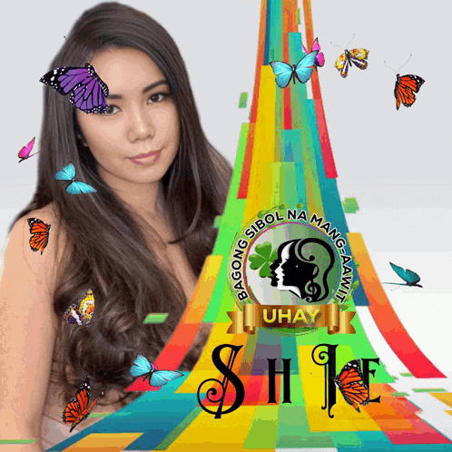 a woman is surrounded by butterflies and a sign that says ' s h i e '
