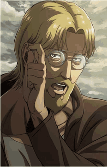 a man with glasses and a beard is pointing his finger up