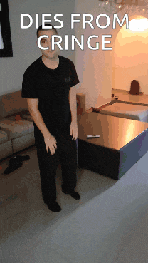 a man standing in a living room with the words dies from cringe