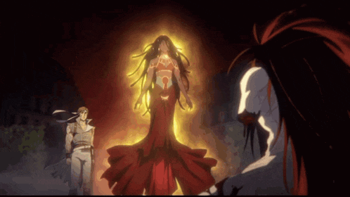 a woman in a red dress is surrounded by a man and a monster