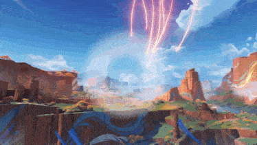 a painting of a landscape with mountains and lightning coming from the sky