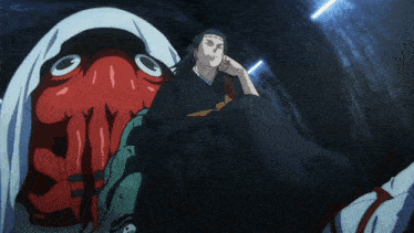 a man in a kimono sits next to a monster