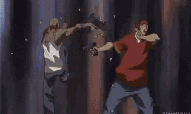a man in a red shirt is pointing a gun at another man .