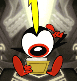 a cartoon character is reading a book with a lightning bolt coming out of his head