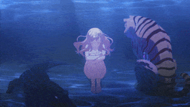 a naked girl is surrounded by a tiger and a crocodile in the water