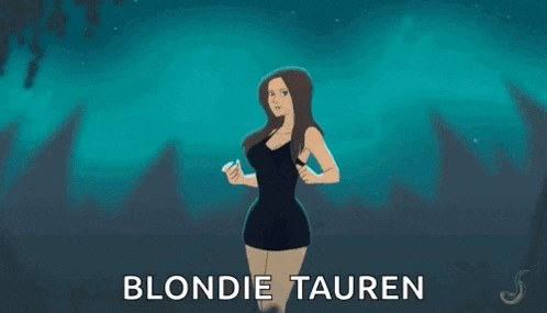 a cartoon of a woman in a black dress flexing her muscles with the words blondie tauren below her .