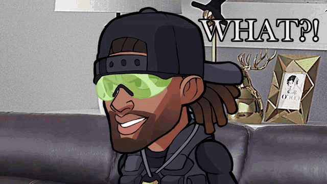 a cartoon drawing of a man wearing sunglasses and a hat with the words what written on the wall behind him