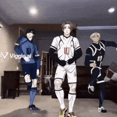 a group of soccer players are dancing in a living room and one of them has the number 10 on his jersey