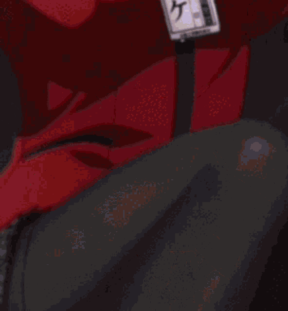 a close up of a person wearing a red jacket and a lanyard with a name tag attached to it .