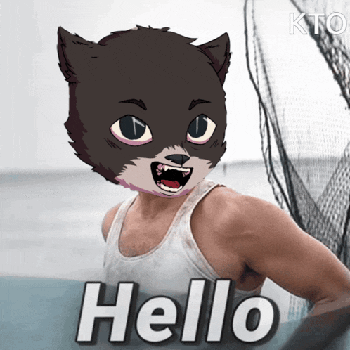 a cartoon of a man with a cat head and the words hello below him