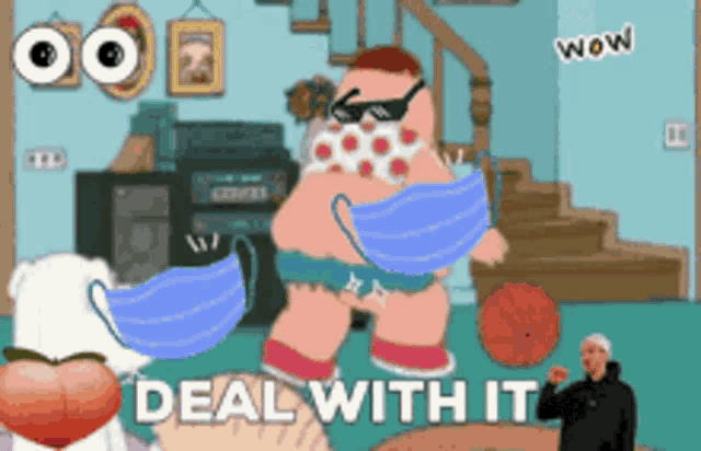 peter griffin from family guy is wearing sunglasses and holding two masks