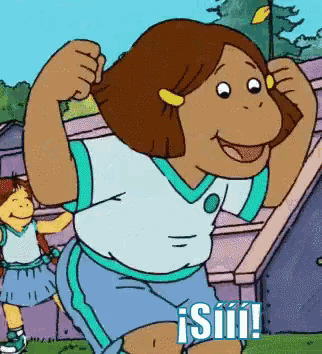 a cartoon of a girl flexing her muscles with the words " siii " written below her