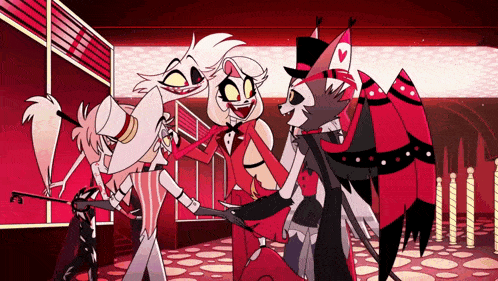 a group of cartoon characters standing next to each other in a room