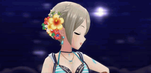 a girl with a flower in her hair is wearing a bikini top and necklace