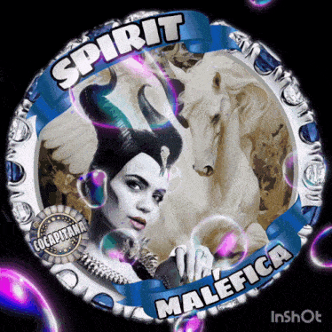 a picture of a woman and a unicorn with the words spirit malefica