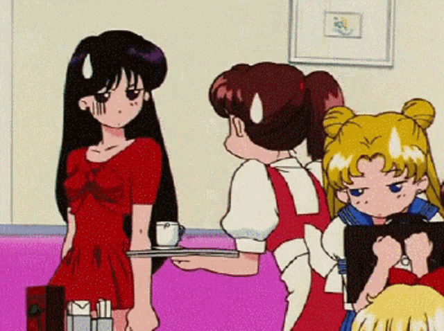 a woman in a red dress is holding a tray with a cup of coffee on it