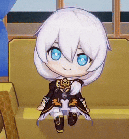 a cartoon character with white hair and blue eyes is sitting on a yellow chair .