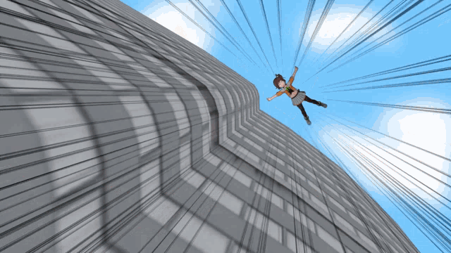 a person is falling off a building with a blue sky behind them