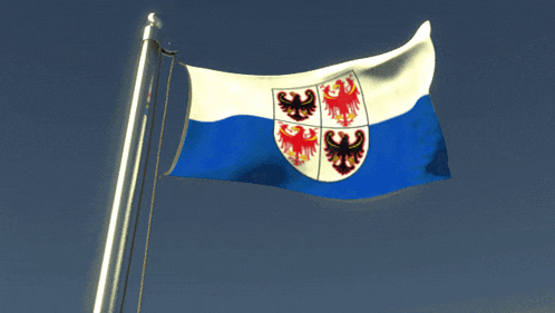 a blue white and red flag with a shield on it