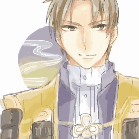 a drawing of a man wearing a yellow jacket and a purple shirt