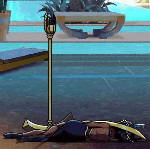 a cartoon character is laying on the floor with a sword in his hand