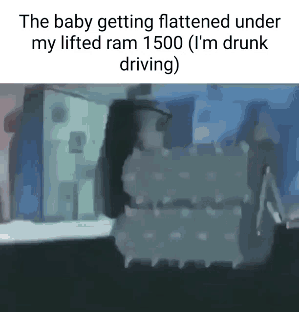 a picture of a baby getting flattened under a lifted ram 1500