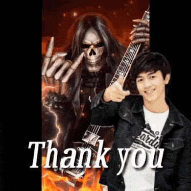 a thank you card with a skeleton and a boy