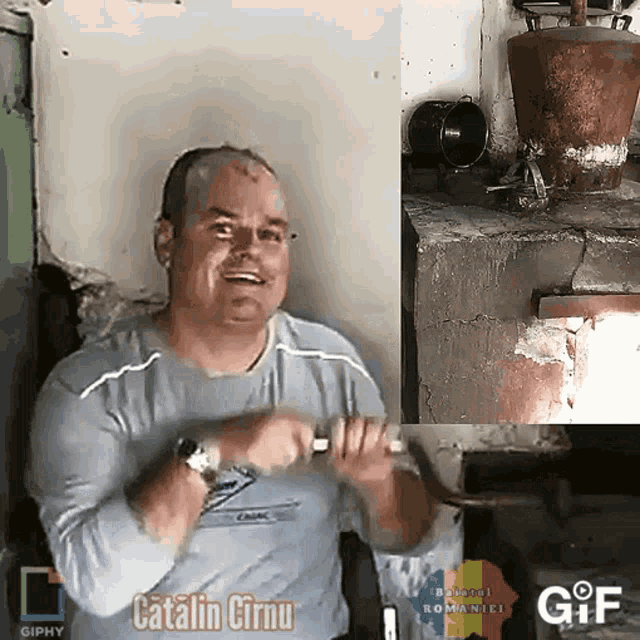 a man in a blue shirt is holding a knife with the name catalin cirnu on the bottom