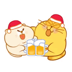 two yellow cats wearing santa hats are holding mugs of beer .