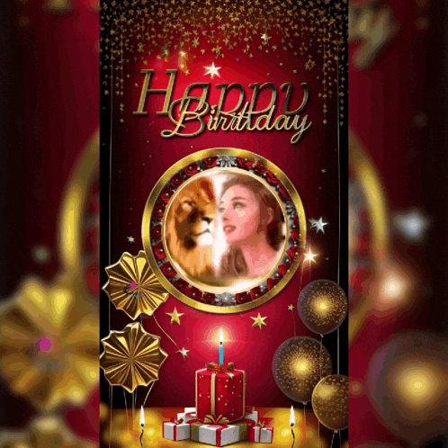 a red and gold birthday card with a lion and a woman