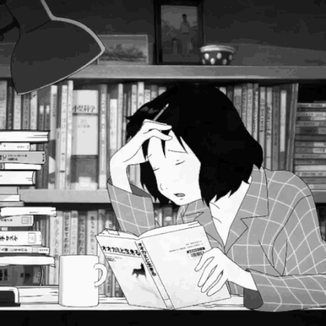 a black and white drawing of a woman reading a book with a horse on the cover