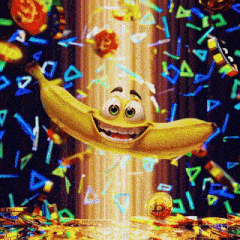 a cartoon banana with a smiling face is surrounded by coins and triangles