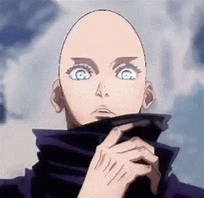 a bald anime character with a scarf around his neck is holding a cell phone .