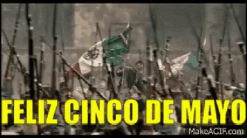 a bunch of guns are laying on the ground with the words feliz cinco de mayo written on the bottom