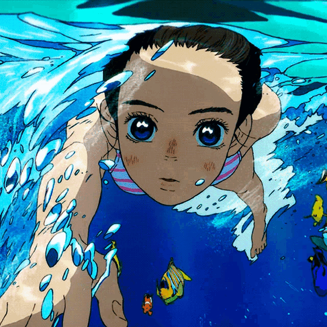 a cartoon girl is swimming in the ocean