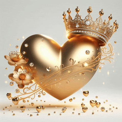 a gold heart with a crown and flowers on it