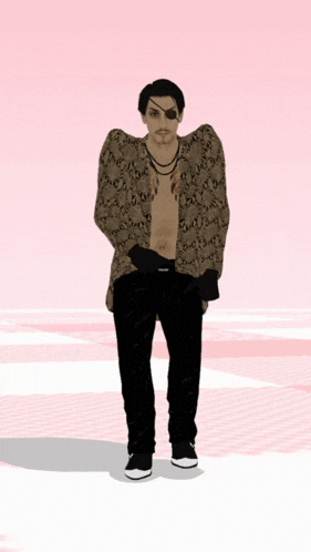 a man with a tattoo on his chest is wearing a gucci jacket and black pants