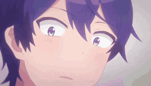 a close up of a cartoon character with purple hair